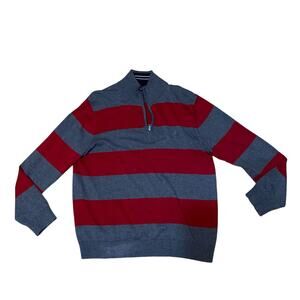 Nautica Striped Grey Maroon Cotton Knit Quarter-Zip Pullover Sweater XL w/logo